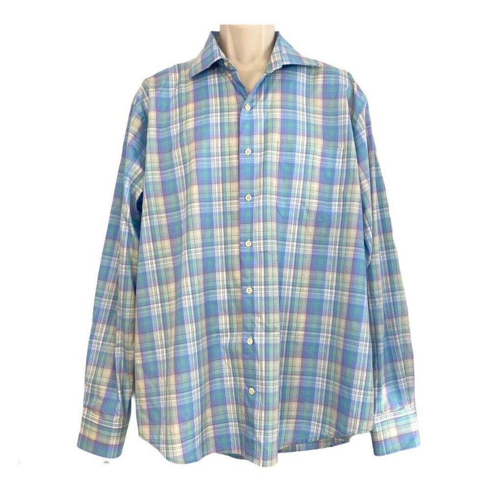 Peter Millar XL Button Down Shirt Plaid Long Sleeve Men’s Purple Blue White EUC